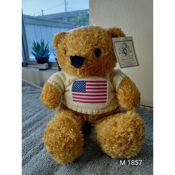 Beverly Hills Teddy Bear Plush Stuffed  Animal Toy Doll Sweater W USA Flag - Picture 1 of 5